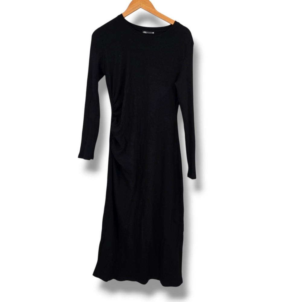 Zara Womens Black Ribbed Knit Long Sleeve Ruched Side Midi Dress Size XL